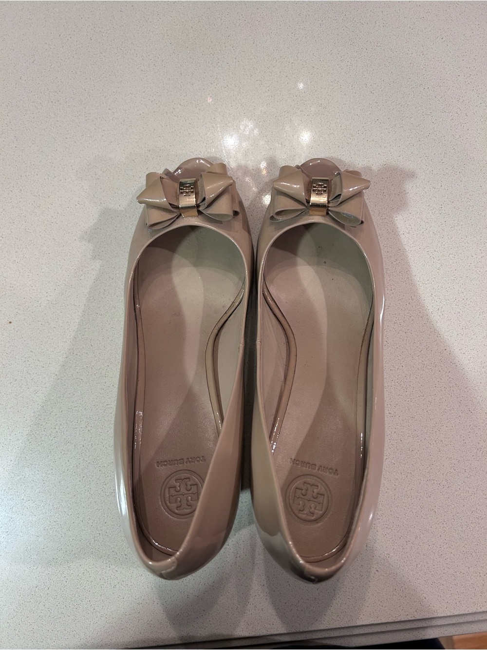 Tory Burch Nude Patent Bow Logo Ballet Flats